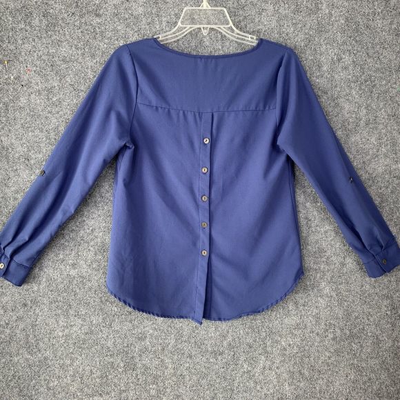 Mine Pullover Blouse Sz S Button Flyaway Back Blue Long Tab Roll Sleeves Career - Picture 5 of 12